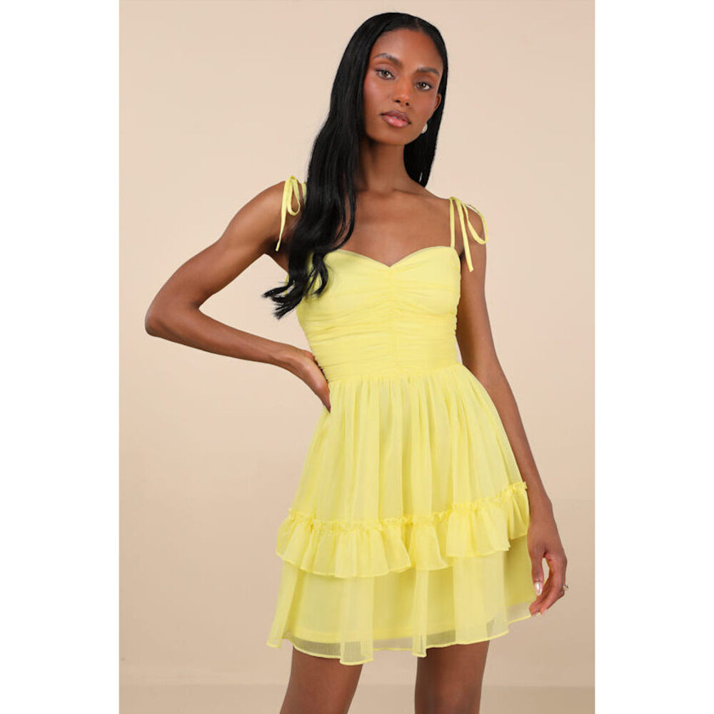 Lulus Angelic Approach Yellow Chiffon Ruffled Tie-strap Mini Dress - Size L
